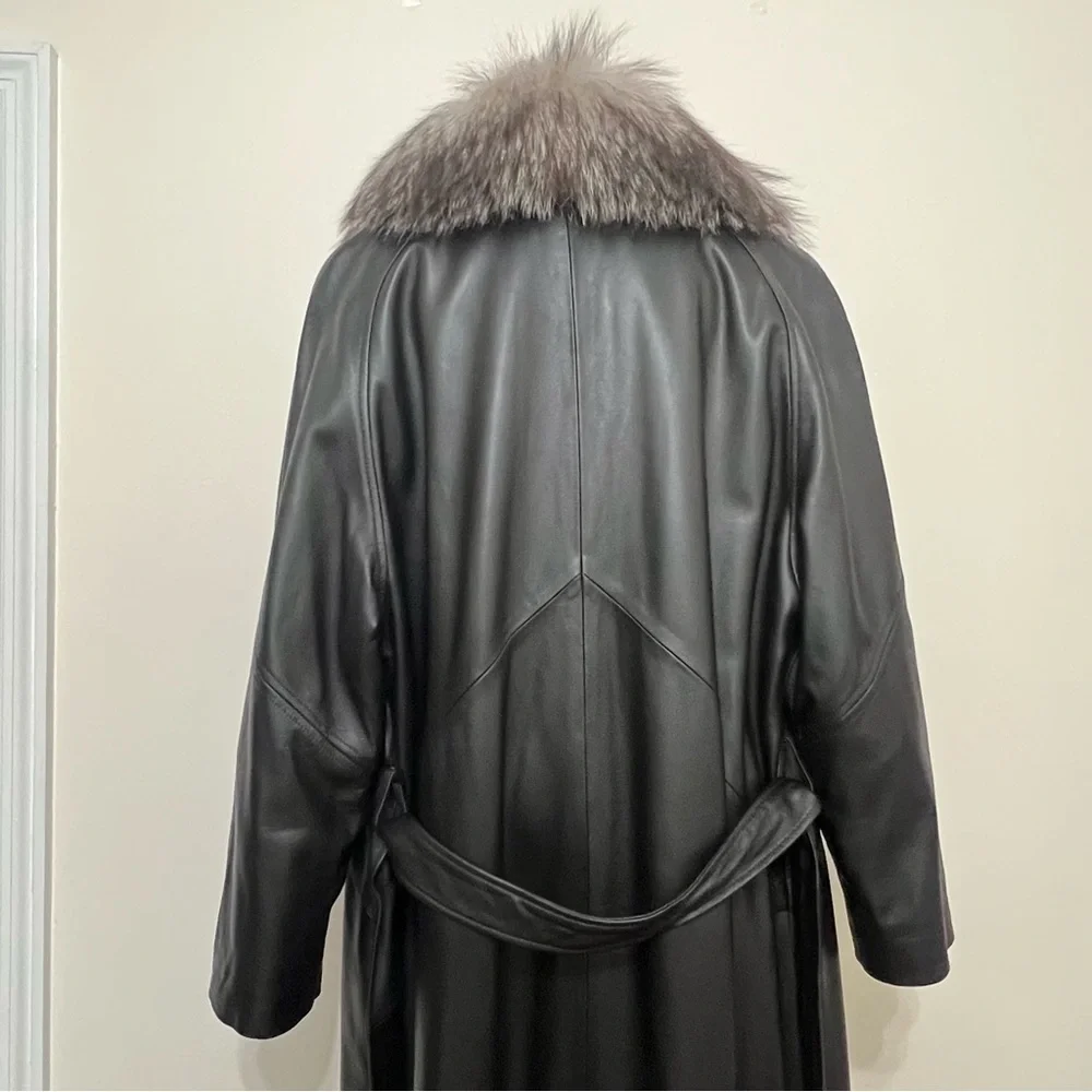 Long Leather Coat w/Sheepskin Collar - Picture 13 of 16